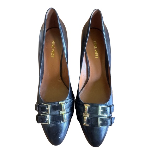 Nine West Shoes - Nine West Black Leather Wedge Pumps Gold‎ Buckle Accents Shoes Heels Size 8.5 M